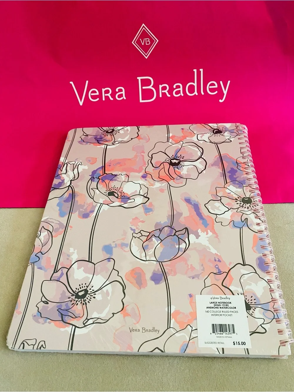 Vera Bradley Large Spiral Notebook NWT Anemone Watercolor. 160 pages